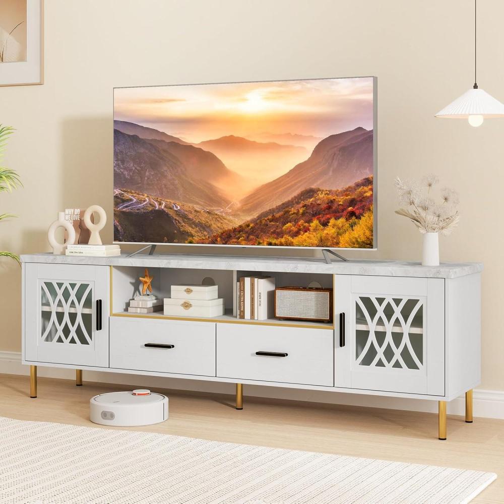 image:imageGiantex White TV Stand for TV up to 80 71Inch Modern Entertainment Center with Glass Doors amp 2 Storage Drawers 2 Cable Holes Faux Marble Top TV Media Console Cabinet for Living Room Bedroom