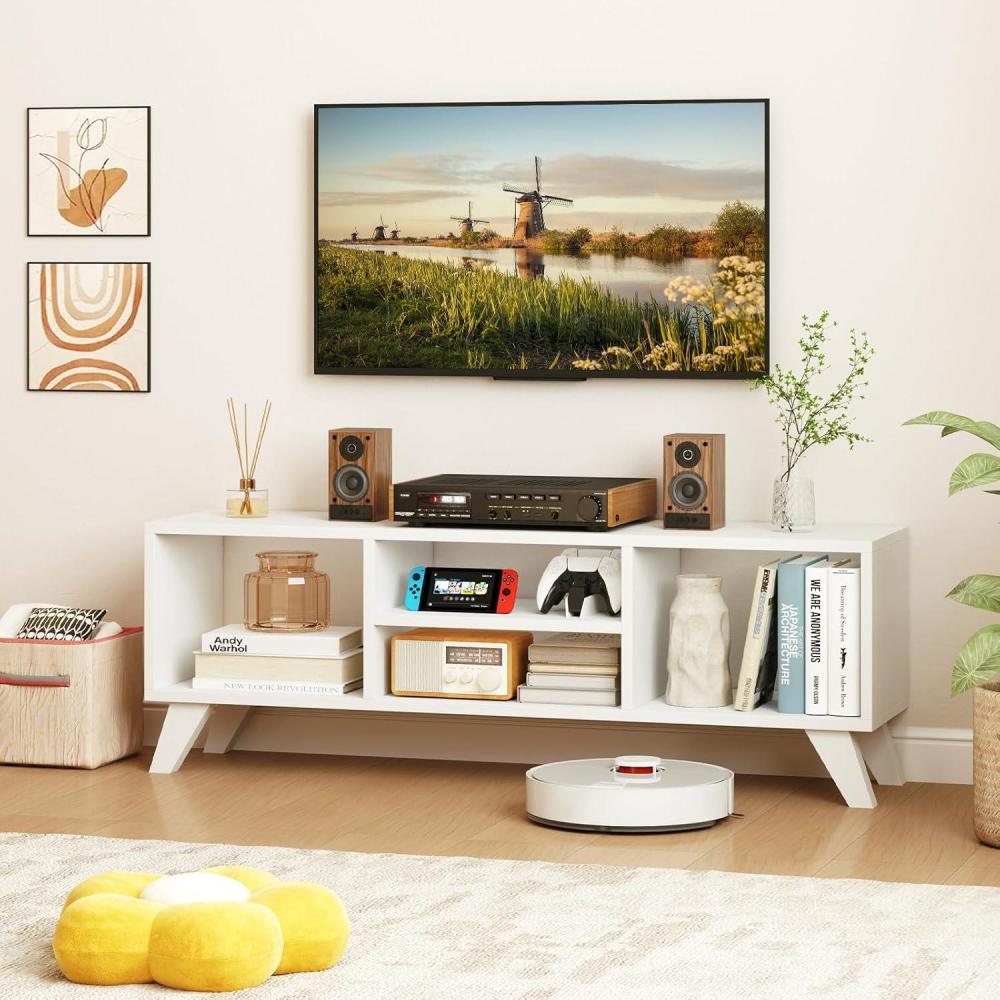 image:imageGiantex White TV Stand for TVs up to 55 4Cubby Modern Entertainment Center with Open Storage Shelves Wood Media Console Table for Living Room Bedroom
