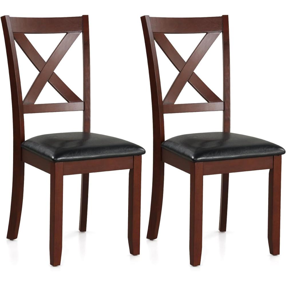 image:imageGiantex Wood Dining Chairs Set of 2 Faux Leather Upholstered Dining Chairs with Rubber Wood Legs Vintage Kitchen Chair wPadded Seat Max Load 355 Lbs Farmhouse Armless Wooden Dining Room Chair