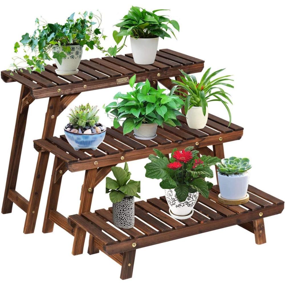image:imageGiantex Wood Plant Stand Multi Tier Flower Pot Holder Display Shelf for Home Balcony Patio Garden Flower Shop Outdoor Indoor Ladder Flower Pot Organizer Display Rack 3 Tiers Step Plant Stand