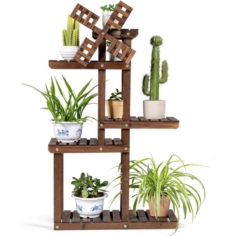 image:imageGiantex Wood Plant Stand with Windmill 5 Tier Multiple Flower Pot Holder Display Shelf for Home Patio Garden Living Room Outdoor Indoor Plant Display Rack 5 Tiers Accommodate for 69 Flowerpots