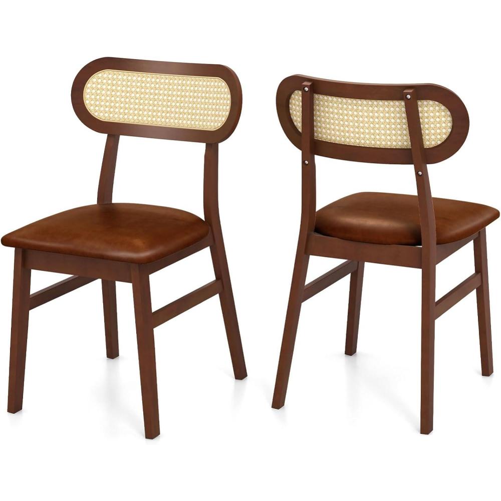 image:imageGiantex Wooden Dining Chairs Set of 2 PU Leather Upholstered Kitchen Chairs wBreathable Mesh Cane Backrest Rubber Wood Frame Padded Seat Farmhouse Armless Side Chairs for Dining Room Coffee