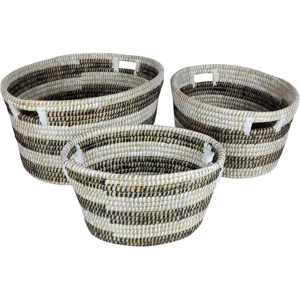 image:imageGiantex Woven Laundry Basket 242016 Set of 3 Stackable Storage Baskets with Handles Large Oval Kans Grass Woven Baskets Laundry Hamper for Throw Blanket Clothes Living Room Bedroom