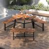 Giantex 4.5FT Picnic Table Bench Set for 4, Acacia Wood Outdoor Dining Table Set, 2″ Umbrella Hole, Heavy Duty Metal Frame, Footrest Bar, Large Rectangular Tabletop for Porch Patio Lawn Garden(Hexagonal)
