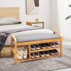Giantex Bamboo Shoe Bench,3-Tier Entryway Bench with Cushion,Max Load 330 LBS, Modern Stool Storage Shelf for Bedroom Living Room Hallway (Natural and Grey)(Natural and Grey)