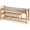 Giantex Bamboo Shoe Bench,3-Tier Entryway Bench with Cushion,Max Load 330 LBS, Modern Stool Storage Shelf for Bedroom Living Room Hallway (Natural and Grey)(Natural and Grey)