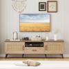 Giantex Boho TV Stand for Tvs up to 65″, Wood Entertainment Center with Storage Cabinets, Drawer, Cable Hole, Metal Legs, Mid Century Modern TV Console Table w/Rattan Doors for Living Room Bedroom