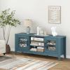 Giantex Farmhouse TV Stand for TVs up to 65″, Entertainment Center with 4 Adjustable Storage Shelves & Tempered Glass Doors, Modern TV Console Table for Bedroom, Living Room(Teal Blue)
