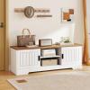 Giantex Farmhouse TV Stand for TVs up to 65″, Entertainment Center with Storage Cabinets, Sliding Doors & Adjustable Shelves, Modern Media TV Console Table for Living Room, Bedroom, White & Oak