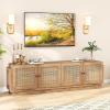 Giantex Farmhouse TV Stand for TVs up to 75″, 4-Door PE Rattan Entertainment Center w/ 2 Cabinets, Adjustable Shelves, 8 Cable Holes, Mid Century Modern Media Console Table for Living Room, TV Cabinet