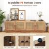 Giantex Farmhouse TV Stand for TVs up to 75″, 4-Door PE Rattan Entertainment Center w/ 2 Cabinets, Adjustable Shelves, 8 Cable Holes, Mid Century Modern Media Console Table for Living Room, TV Cabinet