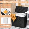 Giantex Laundry Hamper with Wheels and Lid, 125L Rattan Clothes Hamper with 2 Removable Liner Bags & Handle, 3-Section Foldable Laundry Sorter, Rolling Wicker Laundry Basket for Bathroom(Black)(Black)