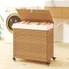 Giantex Laundry Hamper with Wheels and Lid, 125L Rattan Clothes Hamper with 2 Removable Liner Bags & Handle, 3-Section Foldable Laundry Sorter, Rolling Wicker Laundry Basket for Bathroom(Black)(Natural)