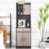Giantex Pantry Organizers and Storage, Tall Buffet Hutch Cabinet with Drawer Cabinet Shelf, High Cupboard Sideboard, Stationary Microwave Stand, Wood Countertop (Black & Natural)