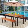 Giantex Patio Dining Table Set with 2 Benches, Outdoor Picnic Table Set with Umbrella Hole, Acacia Wood Patio Seating and Rectangular Table for Backyard, Garden, Lawn (Rustic Brown)(Rustic Brown)
