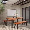 Giantex Patio Dining Table Set with 2 Benches, Outdoor Picnic Table Set with Umbrella Hole, Acacia Wood Patio Seating and Rectangular Table for Backyard, Garden, Lawn (Rustic Brown)(Rustic Brown)