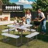 Giantex Picnic Table Bench Set for 4 People, 4.5FT Outdoor Rectangular Dining Table & 2 Benches w/Umbrella Hole, HDPE Tabletop, Metal Frame, Patio Garden Backyard Poolside (4.5FT,Non-Foldable,Gray)(Grey)