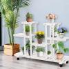 Giantex Rolling Flower Rack Wood Plant Stand on Wheels 6 Wood Shelves 12 Pots Bonsai Display Shelf Indoor Outdoor Yard Garden Patio Balcony Living Room Storage Rack Bookshelf Hollow Shelves (White)(White)