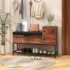 Giantex Rustic Brown Entryway Bench with Storage – Flip Top Box, 2 Door Cabinets, Padded Cushion, Shoehorn, 39.5” Shoe Organizer for Hallway Foyer(Rustic Brown)