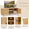 Giantex TV Stand for TVs up to 55” – Farmhouse Entertainment Center with 2 Cabinets, Storage Shelves, PE Rattan Doors, 5 Metal Legs, Cable Management Holes, Boho TV Media Console for Living Room