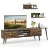 Giantex 85 Inch TV Stand & 2 Floating Shelves Set, Mid-Century Modern TV Entertainment Center w/Cabinets, Open Compartments & 5 Support Legs, Wood Media Console Table for Living Room, Bedroom, Walnut
