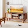 Giantex Bamboo TV Stand for TVs up to 55″, Mid Century Modern Entertainment Center w/ 3-Level Adjustable Shelf, PE Rattan, Tempered Glass Sliding Door, Media TV Console Table for Bedroom (Natural)(Walnut)