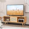 Giantex Bamboo TV Stand for TVs up to 55″, Mid Century Modern Entertainment Center w/ 3-Level Adjustable Shelf, PE Rattan, Tempered Glass Sliding Door, Media TV Console Table for Bedroom (Natural)(Natural)