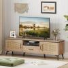 Giantex Boho TV Stand for Tvs up to 65″, Wood Entertainment Center with Storage Cabinets, Drawer, Cable Hole, Metal Legs, Mid Century Modern TV Console Table w/Rattan Doors for Living Room Bedroom