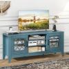 Giantex Farmhouse TV Stand for TVs up to 65″, Entertainment Center with 4 Adjustable Storage Shelves & Tempered Glass Doors, Modern TV Console Table for Bedroom, Living Room(Teal Blue)