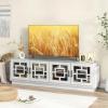 Giantex Farmhouse TV Stand for TVs up to 75”, 4-Door Glass Entertainment Center with 2 Cabinets, Adjustable Shelves, Mid Century Modern Media TV Console Table for Living Room Bedroom, TV Cabinet