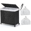 Giantex Laundry Hamper with Wheels and Lid, 125L Rattan Clothes Hamper with 2 Removable Liner Bags & Handle, 3-Section Foldable Laundry Sorter, Rolling Wicker Laundry Basket for Bathroom(Black)(Black)