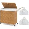 Giantex Laundry Hamper with Wheels and Lid, 125L Rattan Clothes Hamper with 2 Removable Liner Bags & Handle, 3-Section Foldable Laundry Sorter, Rolling Wicker Laundry Basket for Bathroom(Black)(Natural)