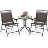 Giantex Patio Dining Set Round Glass Table with 2 Patio Folding Chairs, Outdoor Table and Chairs for Garden, Pool, Backyard, Tempered Glass Tabletop with Umbrella Hole (Brown)(Brown)