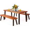 Giantex Patio Dining Table Set with 2 Benches, Outdoor Picnic Table Set with Umbrella Hole, Acacia Wood Patio Seating and Rectangular Table for Backyard, Garden, Lawn (Rustic Brown)(Rustic Brown)