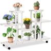 Giantex Rolling Flower Rack Wood Plant Stand on Wheels 6 Wood Shelves 12 Pots Bonsai Display Shelf Indoor Outdoor Yard Garden Patio Balcony Living Room Storage Rack Bookshelf Hollow Shelves (White)(White)