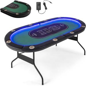 Giantex 10 Players Poker Table with Cup Holder, Folding Casino Leisure Table with 4 USB Ports, Extra Lights, Easy to Assemble, Foldable Game Poker Tables for Texas, Card Games, Blue(Green)