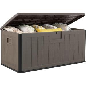Giantex 100 Gallon Deck Box, Waterproof Resin Box with Lockable Lid, 440Lbs Outdoor HDPE Storage Container Bench for Patio Furniture Cushions, Pool Tools & Garden Accessories (Grey)(Brown)