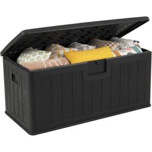 Giantex 100 Gallon Deck Box, Waterproof Resin Box with Lockable Lid, 440Lbs Outdoor HDPE Storage Container Bench for Patio Furniture Cushions, Pool Tools & Garden Accessories (Grey)(Black)