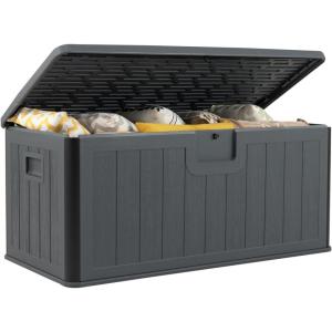 Giantex 100 Gallon Deck Box, Waterproof Resin Box with Lockable Lid, 440Lbs Outdoor HDPE Storage Container Bench for Patio Furniture Cushions, Pool Tools & Garden Accessories (Grey)(Grey)