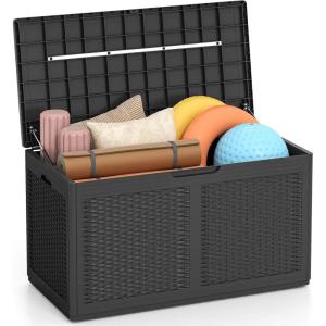 Giantex 100 Gallon Resin Outdoor Storage Box, Waterproof Deck Box w/Lockable Lid & Wheels, Rattan Storage Container Bench for Patio Cushions, Pool Accessories, Gardening Tools, 440 lbs (Grey)(Grey)