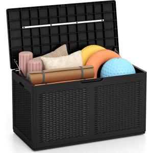 Giantex 100 Gallon Resin Outdoor Storage Box, Waterproof Deck Box w/Lockable Lid & Wheels, Rattan Storage Container Bench for Patio Cushions, Pool Accessories, Gardening Tools, 440 lbs (Grey)(Black)