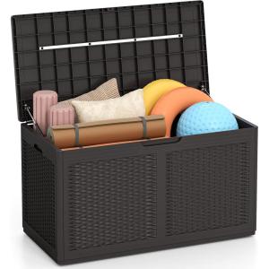 Giantex 100 Gallon Resin Outdoor Storage Box, Waterproof Deck Box w/Lockable Lid & Wheels, Rattan Storage Container Bench for Patio Cushions, Pool Accessories, Gardening Tools, 440 lbs (Grey)(Brown)