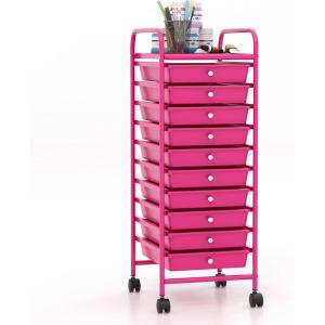 Giantex 12 Drawer Rolling Cart with Drawers, Storage Organizer Cart for Classroom Office School Teacher, Mobile Drawer Cart for Tools, Crafts, Small Printer, Macaron Multicolor(Hot Pink)