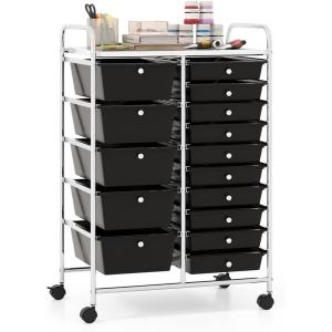 Giantex 15 Drawer Rolling Storage Cart Tools Scrapbook Paper Office School Organizer, Clear(Black)