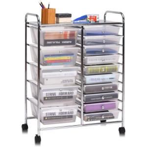 Giantex 15 Drawer Rolling Storage Cart Tools Scrapbook Paper Office School Organizer, Clear(Clear)