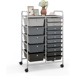 Giantex 15 Drawer Rolling Storage Cart Tools Scrapbook Paper Office School Organizer, Clear(Gray & Black)