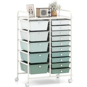 Giantex 15 Drawer Rolling Storage Cart Tools Scrapbook Paper Office School Organizer, Clear(Green Gradient)