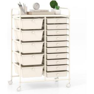 Giantex 15 Drawer Rolling Storage Cart Tools Scrapbook Paper Office School Organizer, Clear(Ivory)