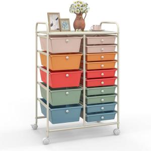 Giantex 15 Drawer Rolling Storage Cart Tools Scrapbook Paper Office School Organizer, Clear(Macaron Multicolor)