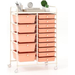 Giantex 15 Drawer Rolling Storage Cart Tools Scrapbook Paper Office School Organizer, Clear(Peach Fuzz)